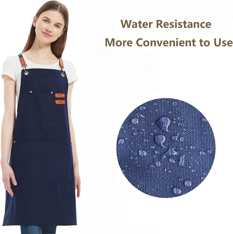 AFUN Chef Aprons for Women Men with Large Pockets, 12-Ounce Cotton Canvas Cross Back Water Repellent Apron (Dark Blue) - Image 2